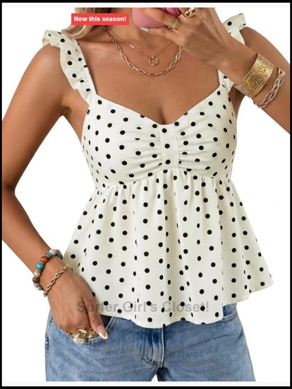 Y2K Polka Dot Babydoll Tank Top V Neck Ruffle Sleeve Summer Going Out Tops